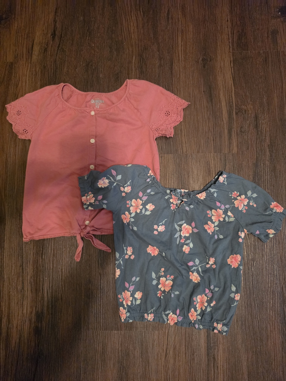 OshKosh B'gosh Pink Tie-Front Top & Floral Gray-Green Puff-Sleeve Blouse Set
